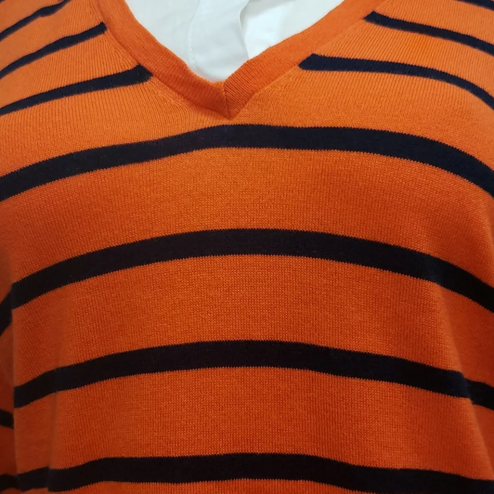 Lauren Ralph Lauren Orange and Black Striped V‑Neck Sweater